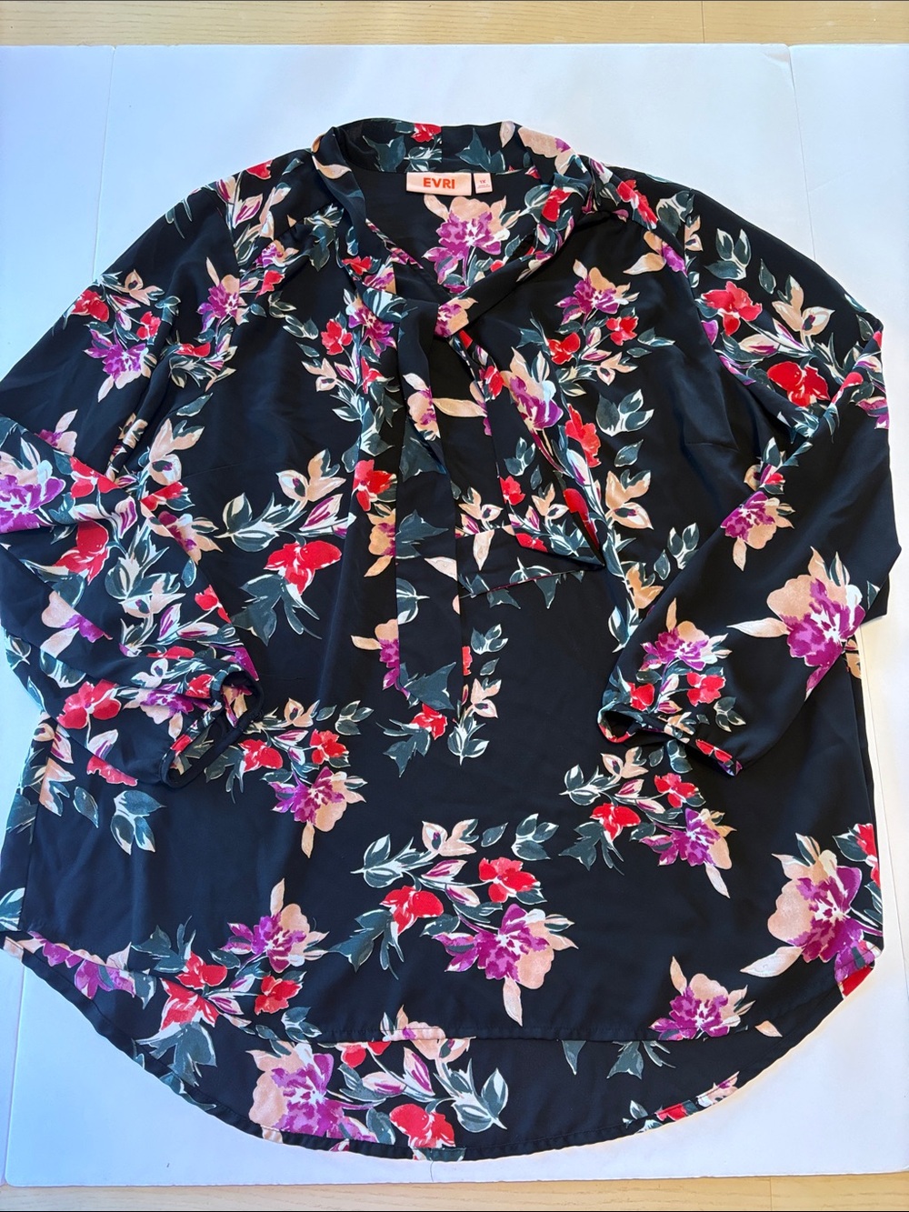 EVRI Black Floral Tie-Neck Blouse with Pink, Red and Cream Blooms